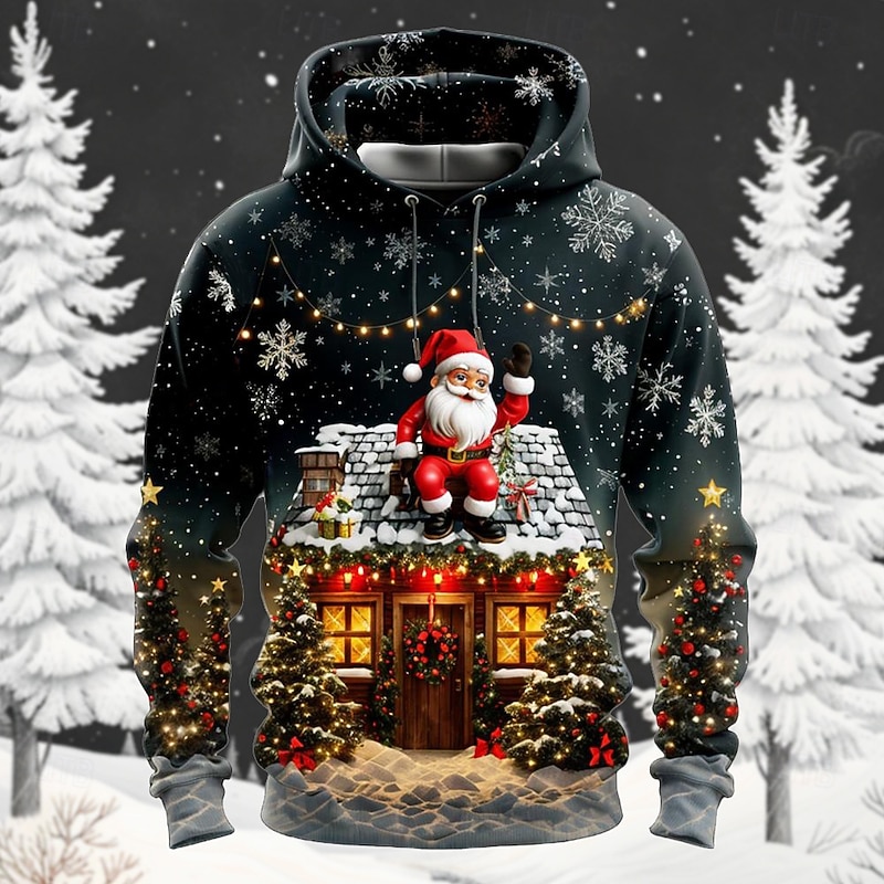 Christmas Men's Santa Claus 3D Hoodies Santa Claus Fashion 3D Print Holiday Vacation Streetwear Hoodies Black Hooded Print Front Pocket Spring &  Fall Designer shirt