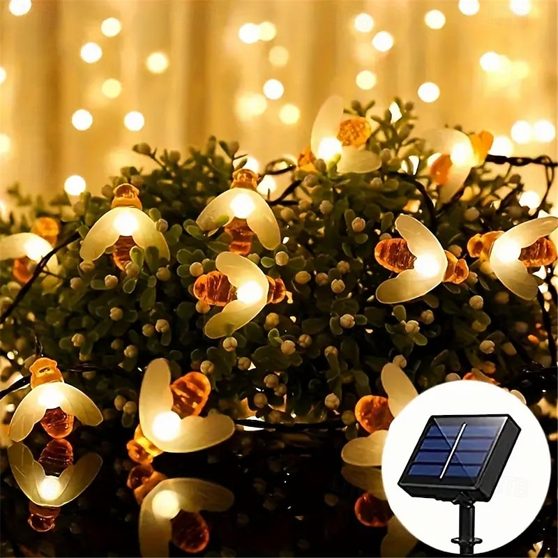 3M Solar Powered Bee String Lights, 20 LEDs Waterproof Outdoor Lights with Mounting Bracket  for Christmas, Patio, Yard, Warm White, White Multicolor, Blue