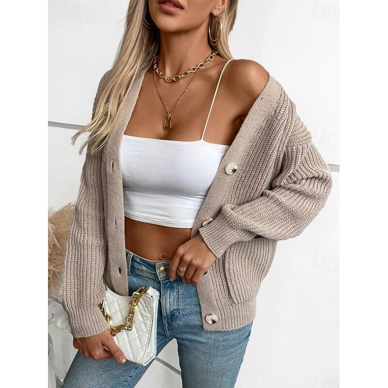 Women's Cardigan Casual Pure Color V Neck Knitted Long Sleeve Regular Tops Knit Daily Black Pink Fall Winter