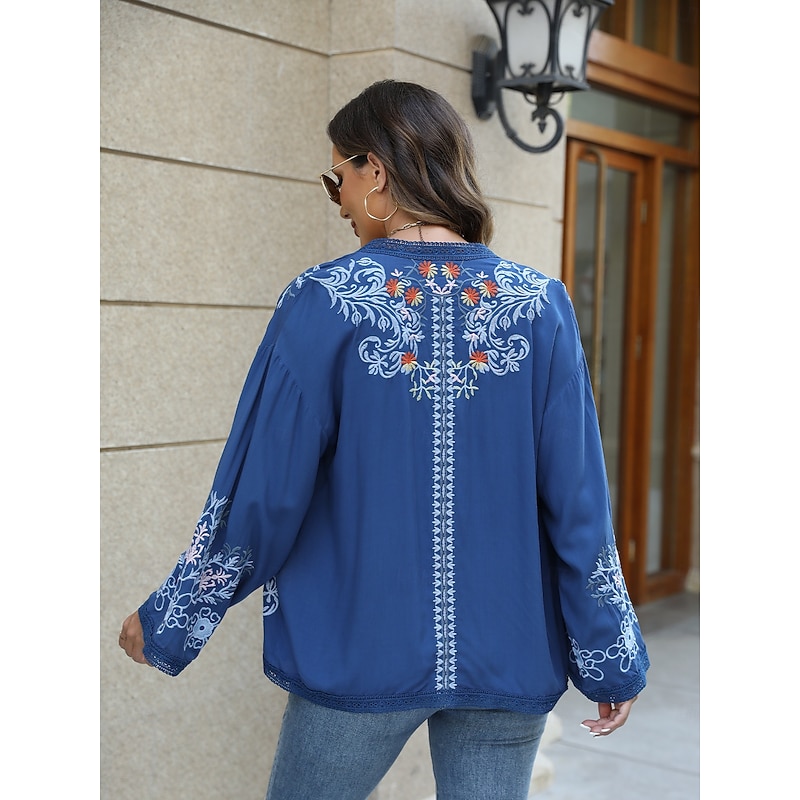 Women's Boho Shirt Shrugs Floral Flower Casual Boho Long Sleeve Bell Sleeve Asymmetrical Regular Tops Valentine's Day Work Daily Embroidered Blue All Seasons2