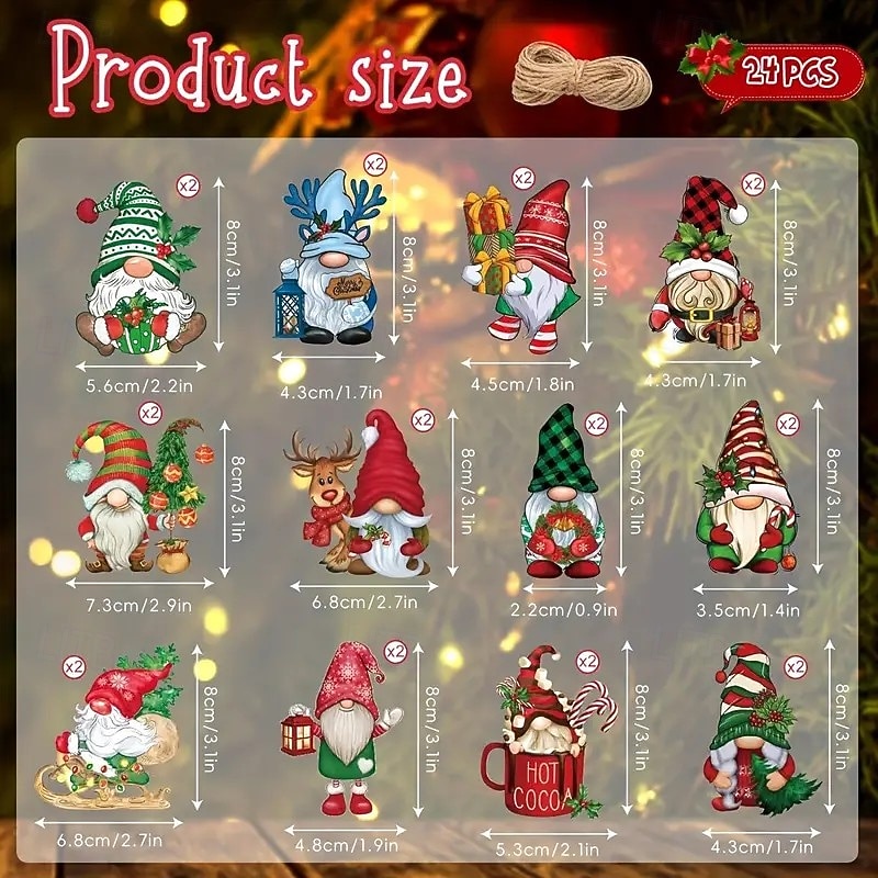 24pcs Christmas Gnome Wooden Ornaments, Perfect for Christmas Tree Decor, Featuring Santa Claus, Reindeer3
