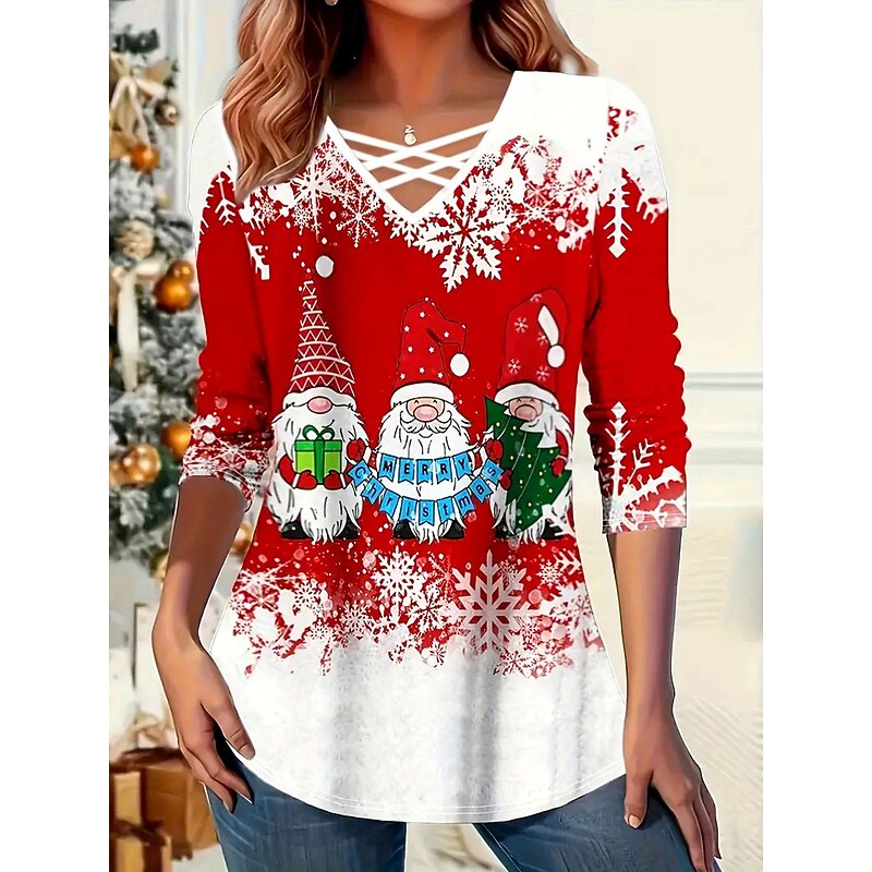 Women's Tunic Top V-Neck Snowflake Gnome Print Long Sleeve Casual Holiday Wear Red White Stretch Fabric Relaxed Fit Comfortable Seasonal Shirt