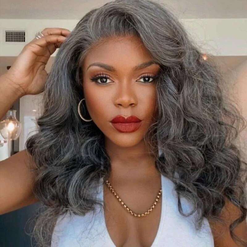 Synthetic Wig Body Wave Asymmetrical Wig Medium Length Grey Synthetic Hair Women's Fashionable Design Soft Natural Gray3