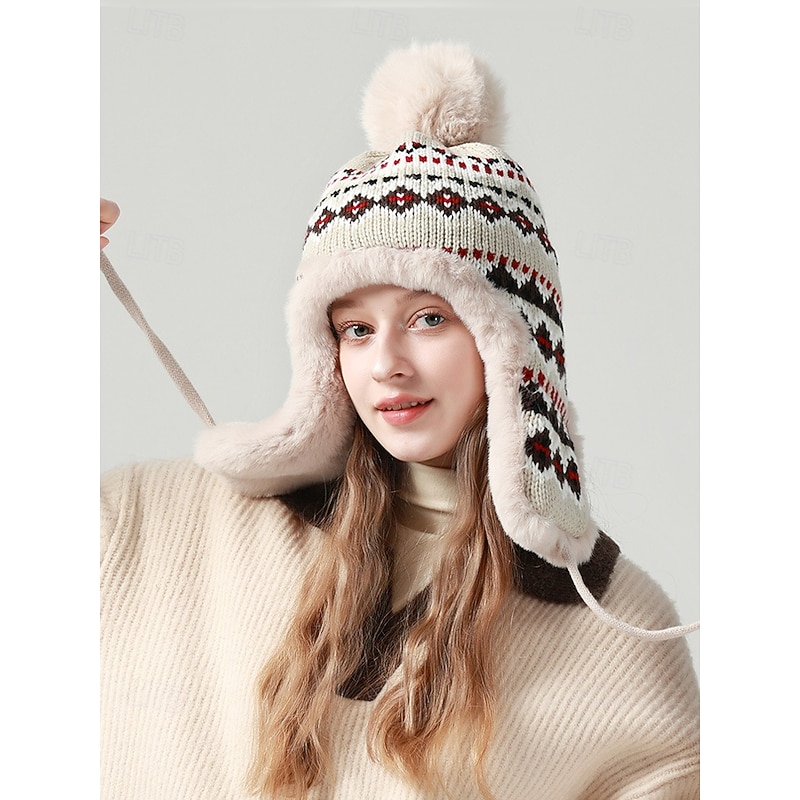 Winter Knitted Trapper Hat with Pom-Pom and Faux Fur Lining - Warm Ear Flap Beanie for Women3