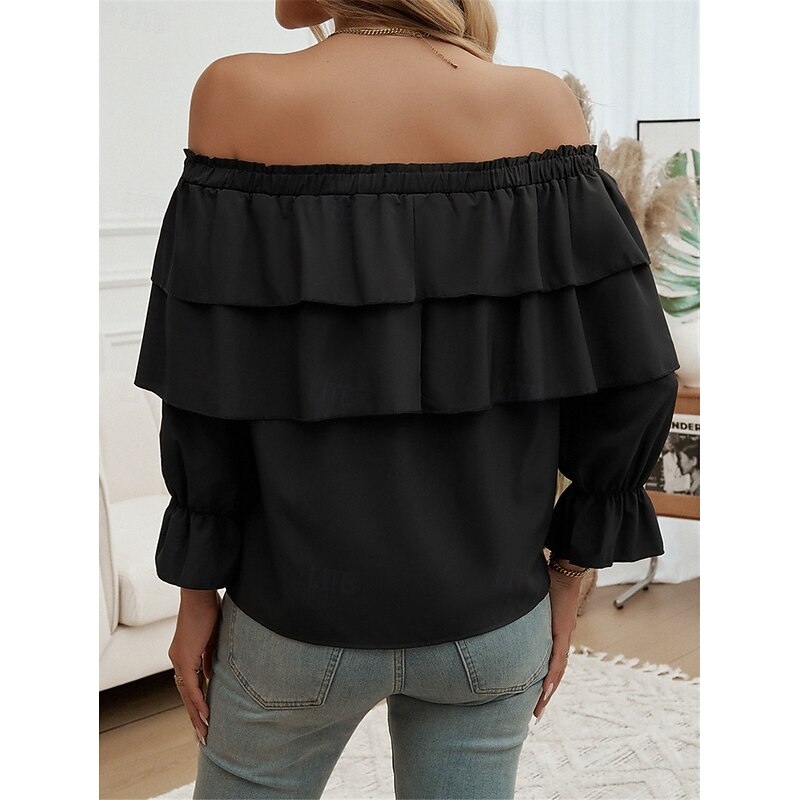 Women's Shirt Blouse Solid Color Basic Casual Long Sleeve Off Shoulder Regular Tops Daily Ruffle Backless Black White Fall2