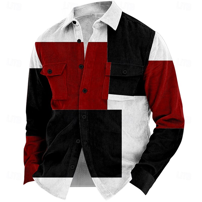 Christmas Men's Plaid Corduroy Shirt Shirt Jacket Overshirt Long Sleeve Fashion Casual Outdoor Dailywear Holiday Fall & Winter Turndown Collared Shirts Buttons 3D Print 2 Pockets 1pc Black Red Blue4