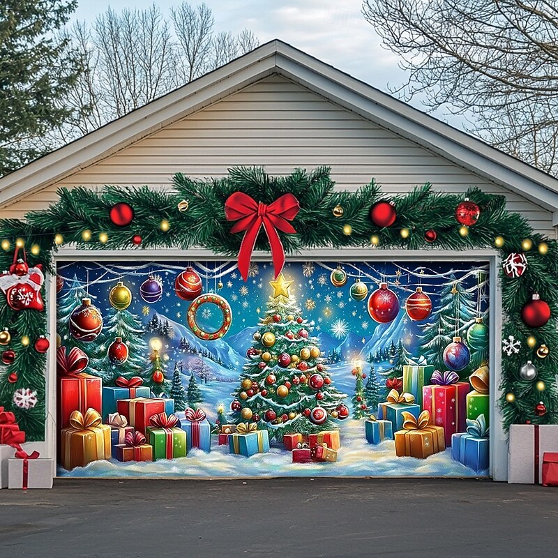 Christmas Door Decorations Outdoor Garage Door Cover Xmas Tree Banner Farmhouse Large Christmas Backdrop for Holiday Outdoor Garage Door Home Wall Decorations 6