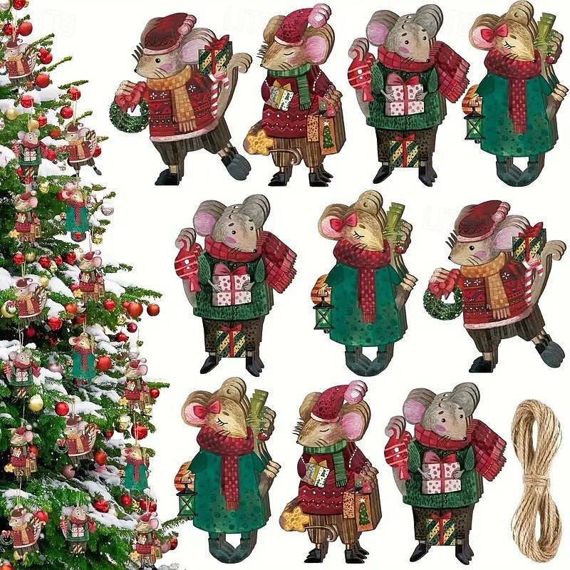 24pcs Wooden Mouse Christmas Ornaments, Handmade Animal Pendants for Tree Decoration, Rustic Farmhouse Holiday Charm, Seasonal Non-Illuminated Decor, Animal-Themed Hangings and Toppers