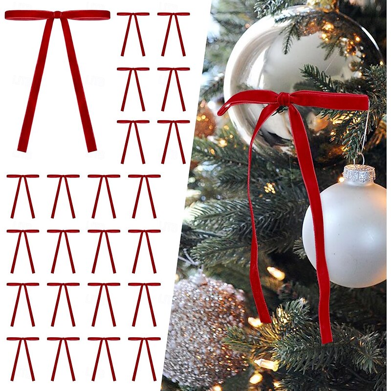 24 Pcs Velvet Bows for Christmas Tree,Christmas Wreath Bows, Christmas Velvet Bows Rustic Crafts Gift Bows Vintage Velvet Ribbon Bows for Xmas Home Decor Wedding Outdoor Indoor
