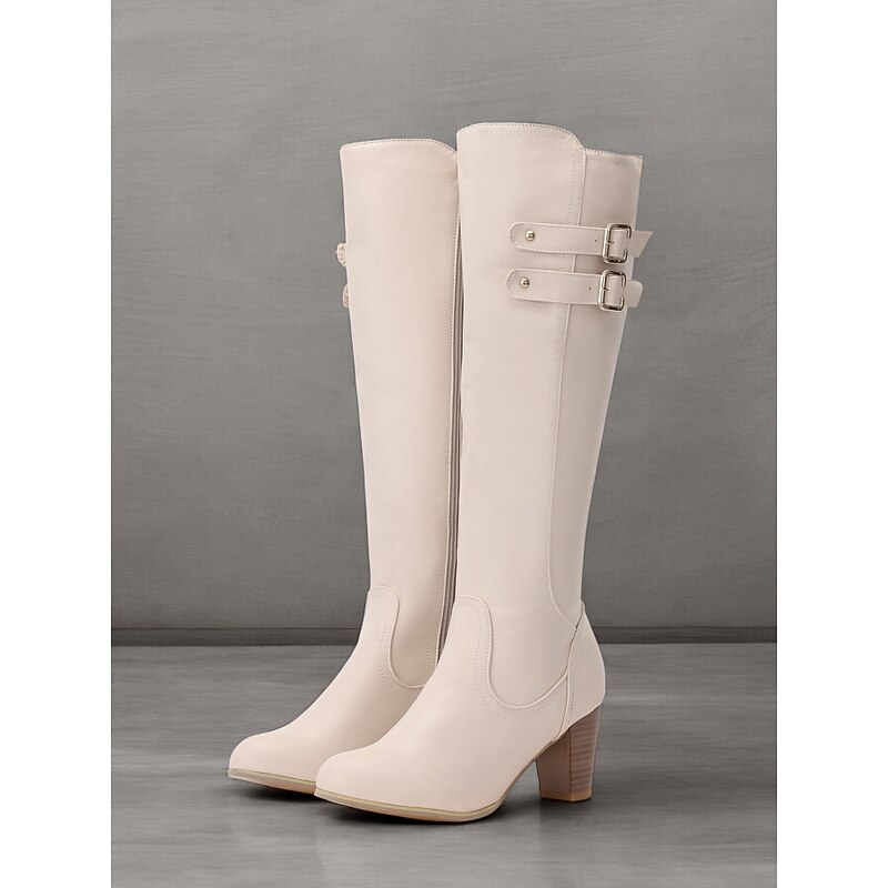 Women's Chic Knee-High Cream Boots – Sleek Design with Double Buckle Detail and Block Heel, Perfect for Fall and Winter Fashion