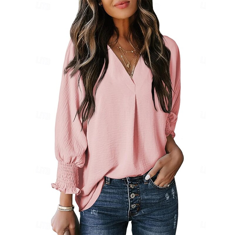 Women's Shirt Blouse Solid Color Basic Casual Long Sleeve V Neck Regular Tops Daily Patchwork Buttons Pink Blue Beige Fall Winter