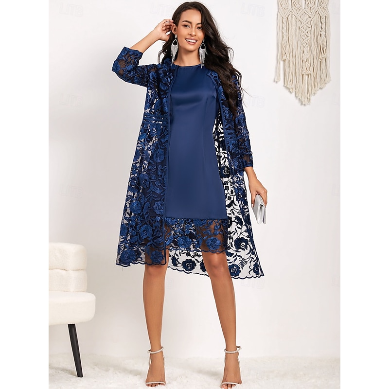 Women's Knee Length Dress Lace Dress Dress With Jacket Elegant Formal Loose Fit Floral 3/4 Length Sleeve Crew Neck Blue Summer Fall