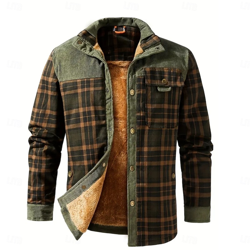 Men's Shirt Jacket Fleece Jacket Shacket Formal Home Warm Pocket Winter Spring &  Fall Grid / Plaid Vintage Fashion Shirt Collar Regular Army Green Jacket2