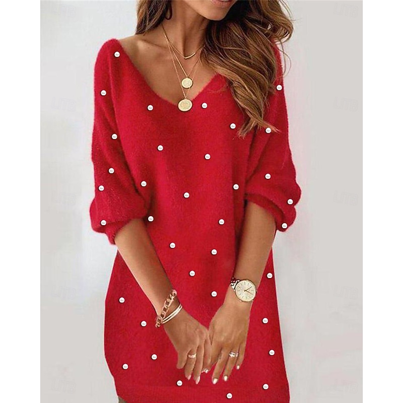 Women's  Casual Dress Fuzzy Mini Dress Patchwork Casual V Neck Long Sleeve Wine Red Color - Main Image