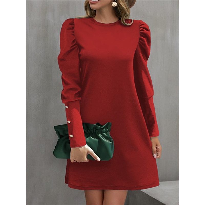 Women's Casual Dress Mini Dress Ruched Button Casual Crew Neck Long Sleeve Black Red Green Color