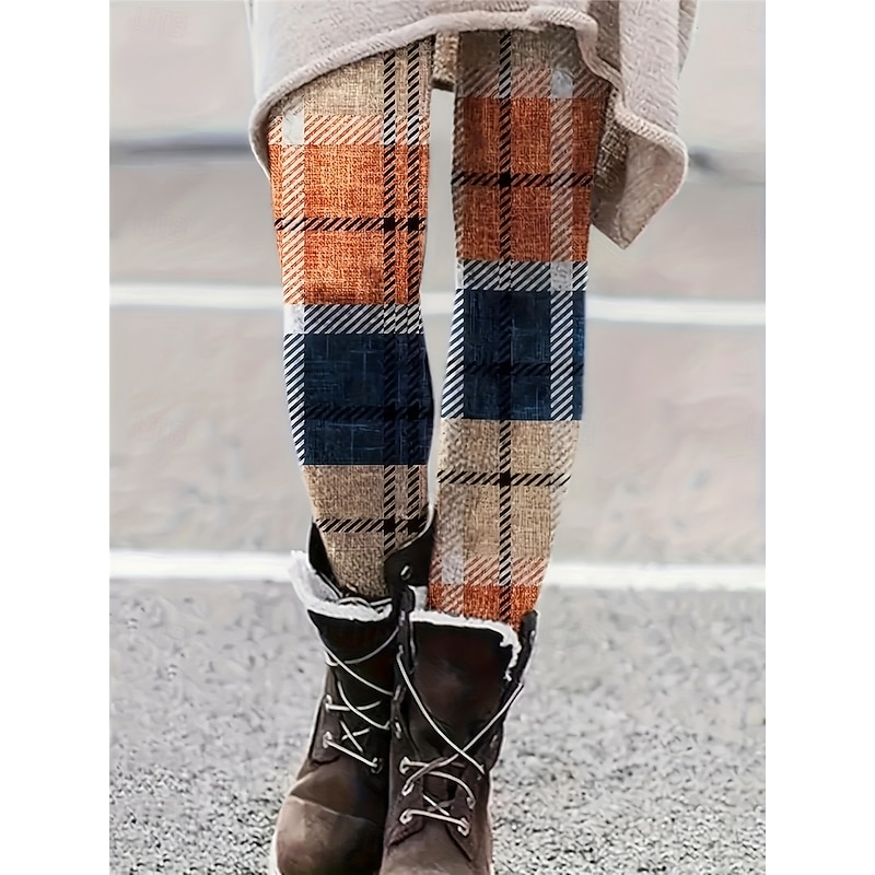 Women's Leggings Fashion Streetwear Ankle-Length High Waist Plaid Printing Thermal Warm Soft Breathable Micro-elastic Outdoor Daily Yellow Fall Winter Regular Fit