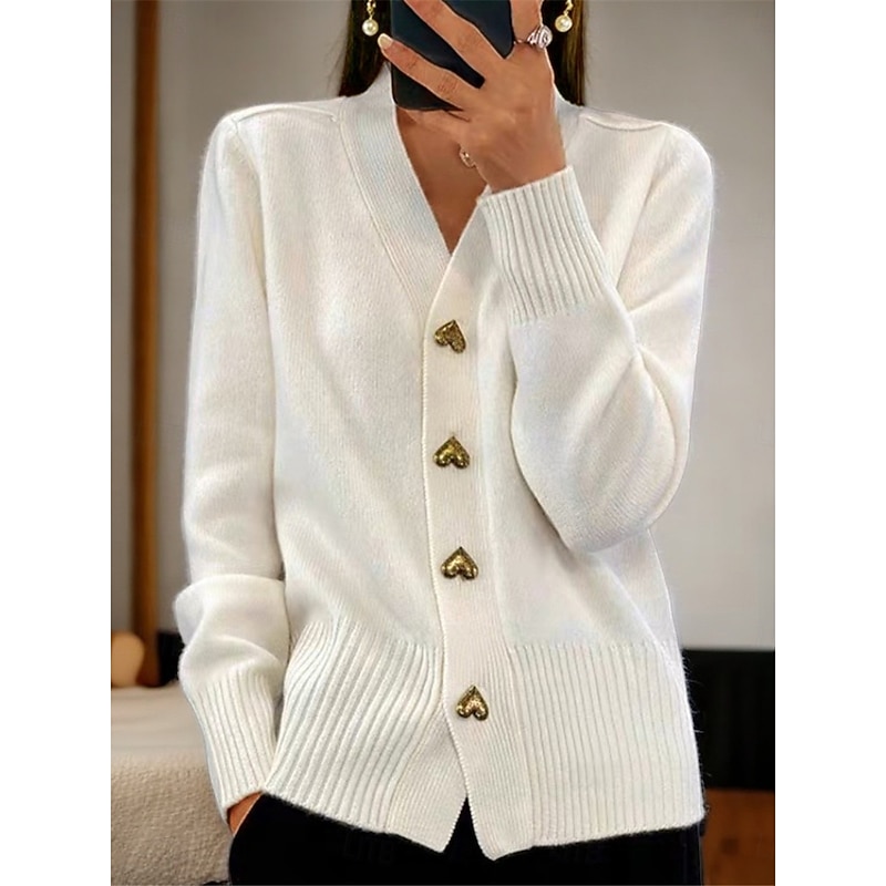 Women's Sweater Cardigan Casual Soft Pure Color Ribbed V Neck Pocket Knitted Long Sleeve Regular Tops Knit Outdoor Daily Weekend Black White Fall Winter2