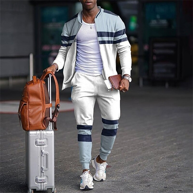 Men's Tracksuit Jogging Suit Drawstring Pocket Color Block Jacket and Sweatpants Athletic Clothing Set Spring Black White Gym Workout Jogging Running Soft Breathable Long Sleeve Sport Activewear