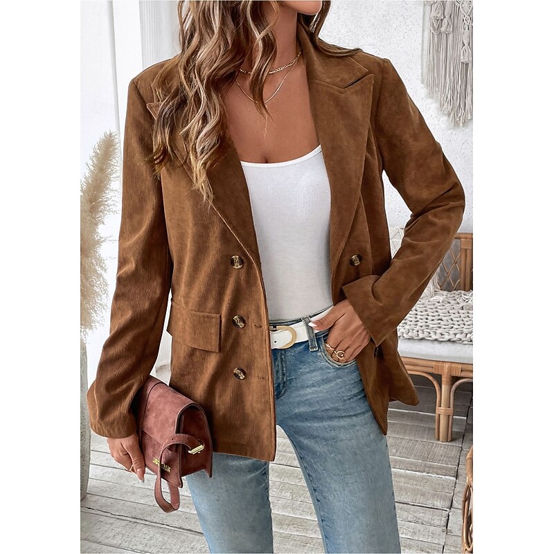 Women's Corduroy Jacket Office Button Solid Color Vintage Loose Fit Outerwear Long Sleeve Spring dark brown S3