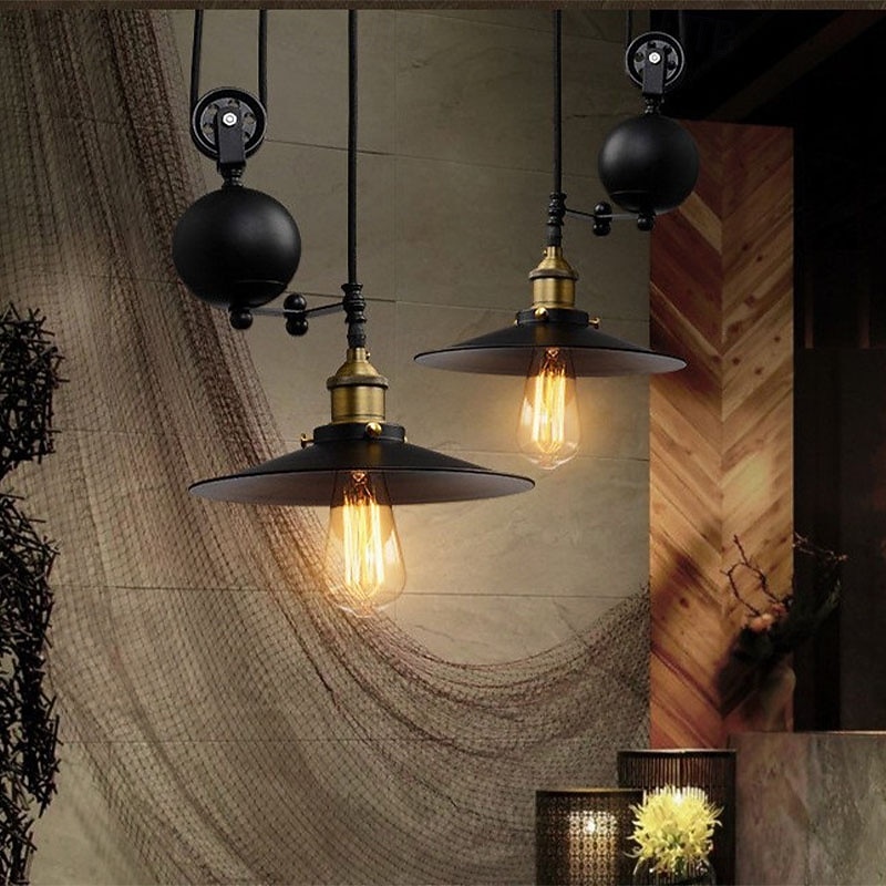 Iron Indoor Island Pulley Chandelier Retro Pendant Light Finish with Highlights Metallic Interior Ceiling Hanging Lamp
