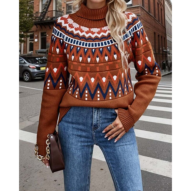 Women's Faire Isle Sweater Turtleneck Knit Knitted Fall Winter Weekend Vintage Fashion Streetwear Long Sleeve Geometric Black White