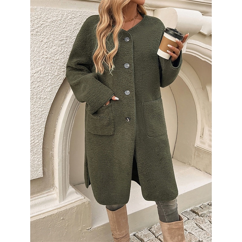Women's Winter Coat Outdoor Street Daily Wear Fall Winter Long Coat Regular Fit Thermal Warm Breathable Stylish Casual Jacket Long Sleeve Plain with Pockets Army Green Khaki Apricot2