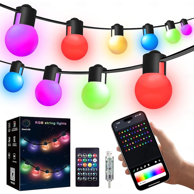 Dimmable RGB Outdoor String Lights 16ft 10m 25 LEDs, 32ft 5m 50 LEDs Color Changing String Lights with App & Remote Control Perfect for Christmas Parties Home Decorations