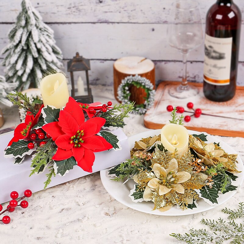 Mini Christmas Candle Ring Wreath, Festive Floral Centerpiece for Holiday Table Decoration, Atmosphere Enhancer for Christmas Dinner
