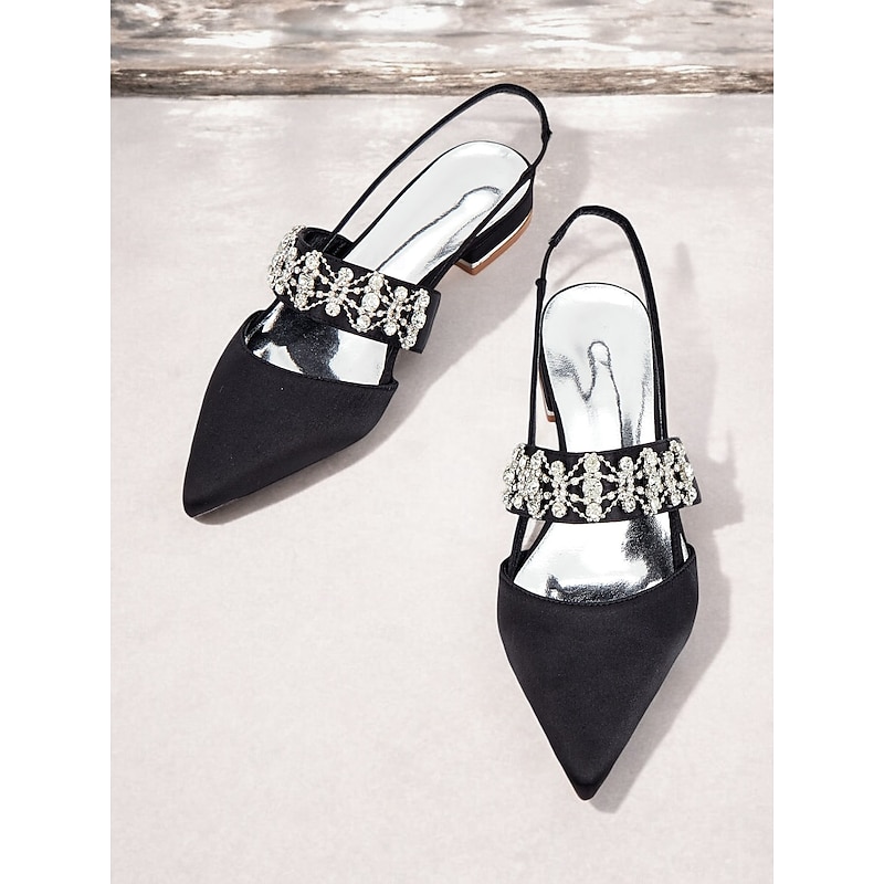 Women's Satin Slingback Flats with Rhinestone Embellished Straps – Elegant Pointed-Toe Low-Heel Shoes for Formal Events