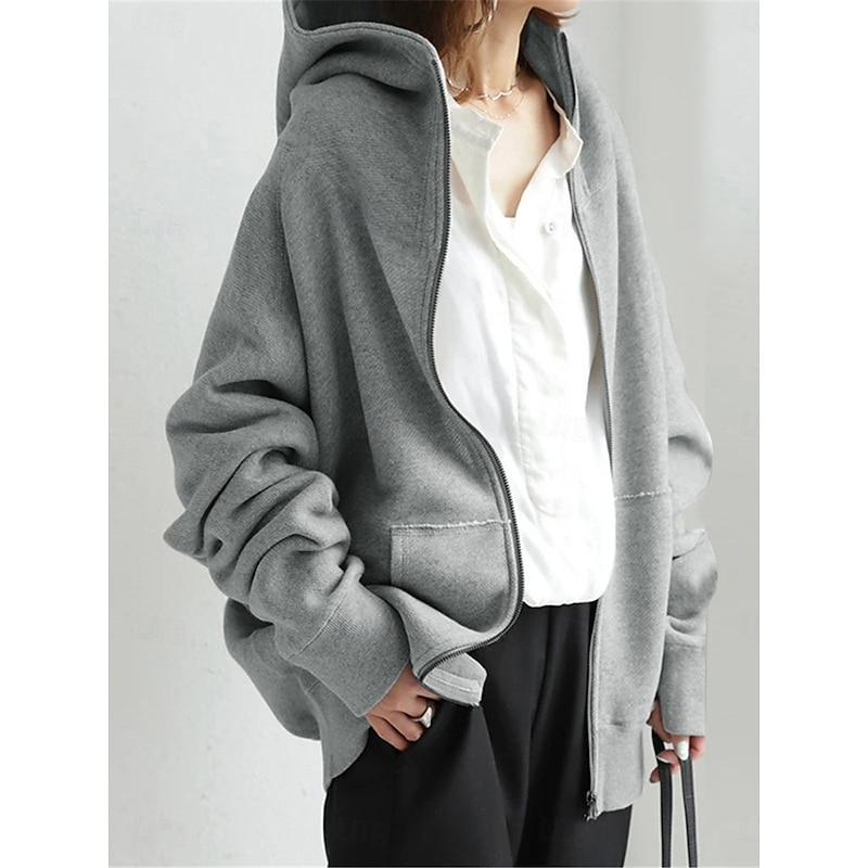 Women's Hoodie Jacket Outdoor Street Daily Wear Fall Winter Regular Coat Regular Fit Thermal Warm Breathable Stylish Casual Jacket Long Sleeve Plain with Pockets Full Zip Black Red Green2