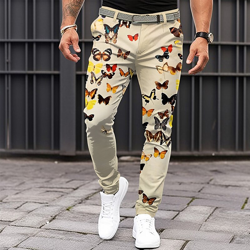 Men's Butterfly Dress Pants Mid Waist Business Casual Formal Dailywear Zipper Pocket Summer Spring Fall 3D Print khaki