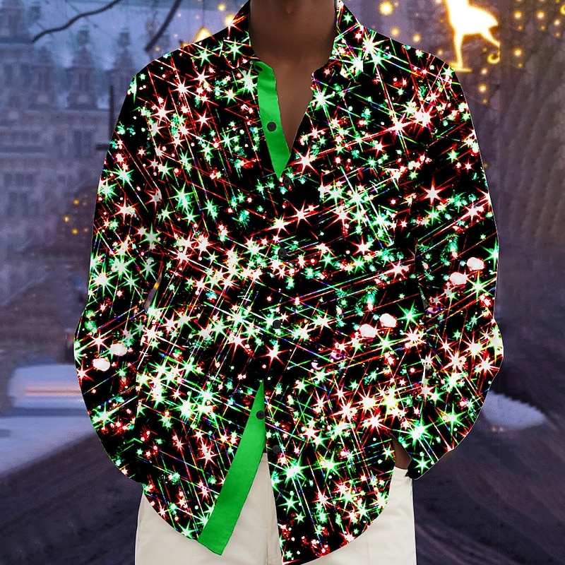 Christmas Men's Christmas Light Printed Shirts Sparkly Glittery Hawaiian Casual Button Up Beach Long Sleeve Party Evening New Years Eve Shirts Fall Winter Spring & Summer Collared Shirts 3D Print4