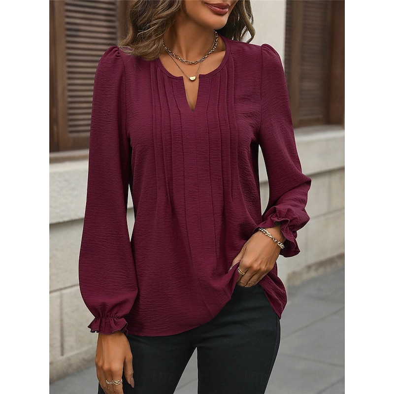 Women's Shirt Blouse Solid Color Basic Casual Long Sleeve Notched Neck Regular Tops Daily Black Wine Fall Winter4