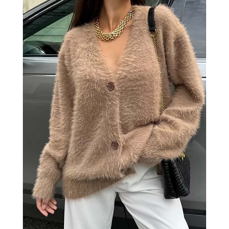 Women's   Knit Fuzzy Oversized Cardigan V Neck Cardigan Fall Winter Work Elegant Streetwear Daily Long Sleeve Solid Color Brown Light Grey