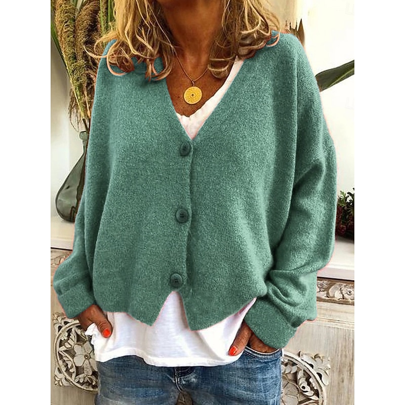 Women's Sweater Cardigan Casual Soft Pure Color Ribbed V Neck Buttons Knitted Long Sleeve Regular Tops Knit Outdoor Daily Weekend Wine Green Fall Winter