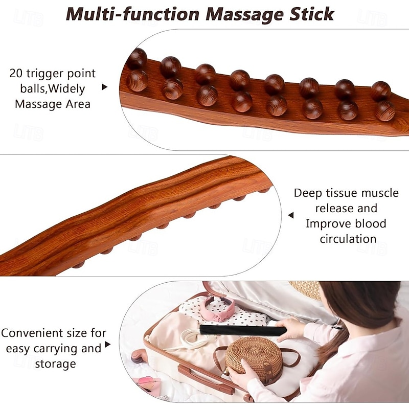 Guasha Wood Stick Massage Tool,20 Beads Wood Massage Roller Stick,Lymphatic Drainage Massager for Body Shaping,Gua Sha Tools for Back Leg4