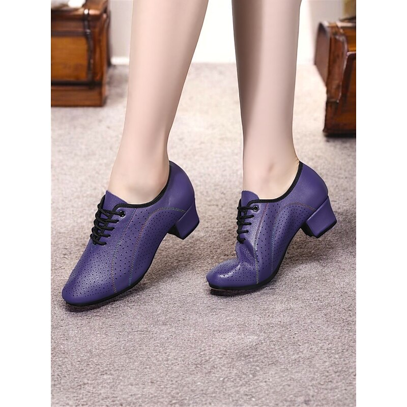 Women's Purple Perforated Leather Dance Shoes - Lace-Up Low Heel Jazz Shoes for Ballroom and Latin Dance2