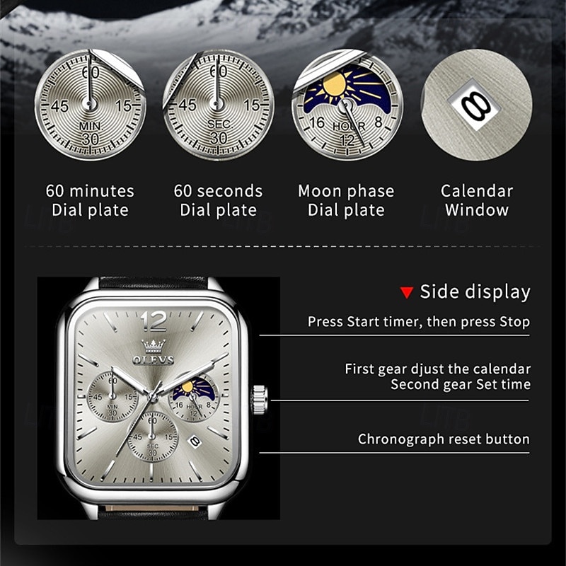 New Olevs Olevs Brand Fashion Trend Men'S Belt Watch Square Dial Luminous Moon Phase Calendar Multifunction Three Eyelids With Moon Phase Quartz Watch Casual Waterproof Sports Men'S Wristwatch2