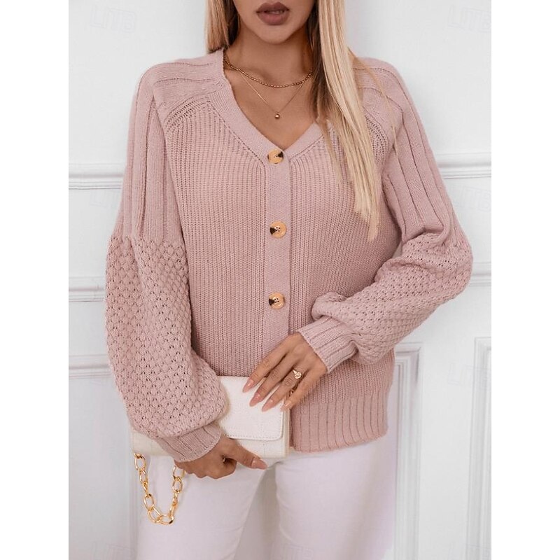 Women's Cardigan Daily Casual Pure Color V Neck Buttons Lantern Sleeve Long Sleeve Regular Tops Knit Formal Home Daily Pink Brown Fall Winter2