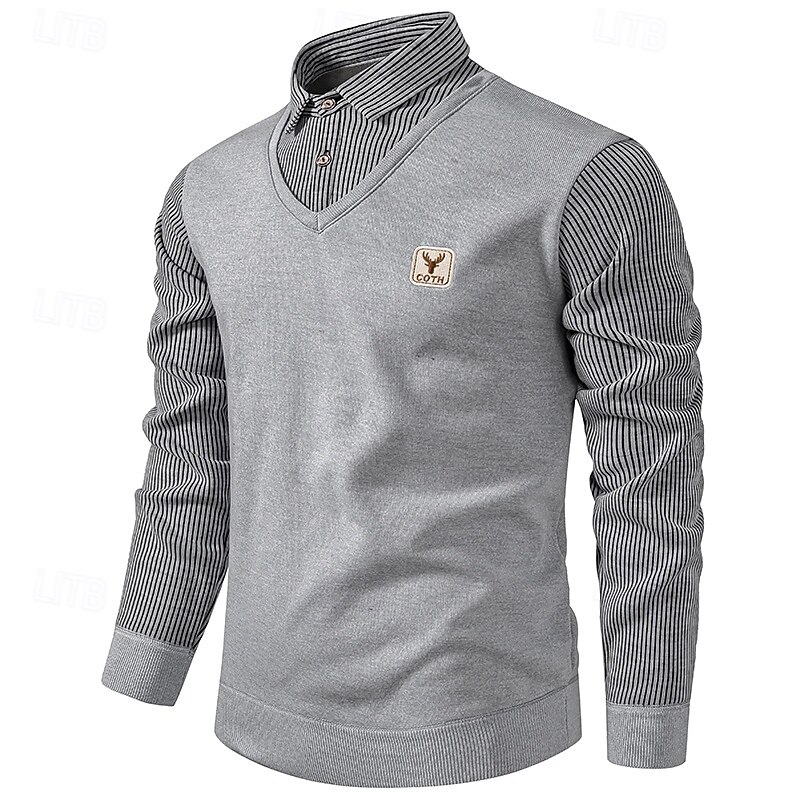 Men's Pullover Sweater Jumper Knit Sweater Mens Dress Sweaters Ribbed Knit Regular Knitted Fake two piece Stripe Shirt Collar Fashion Casual Daily Wear Date Clothing Apparel Fall & Winter Black Blue3