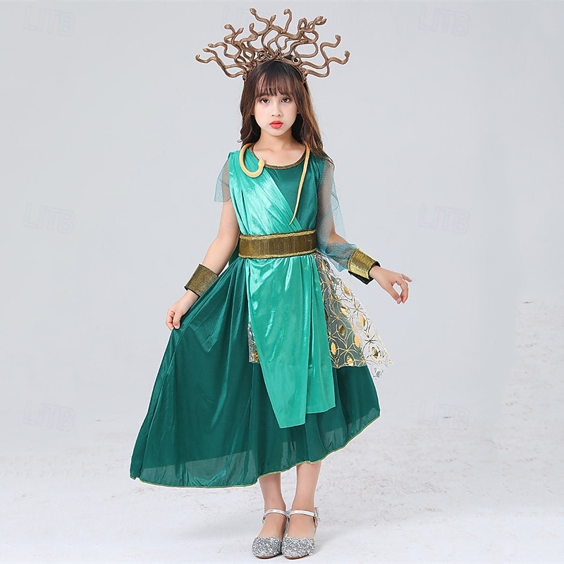 Kids Girls' Cosplay Dress Party Dress Color Block Short Sleeve Performance Halloween Party Patchwork Beautiful Sweet Polyester Maxi Party Dress A Line Dress Summer 4 years+ Green2