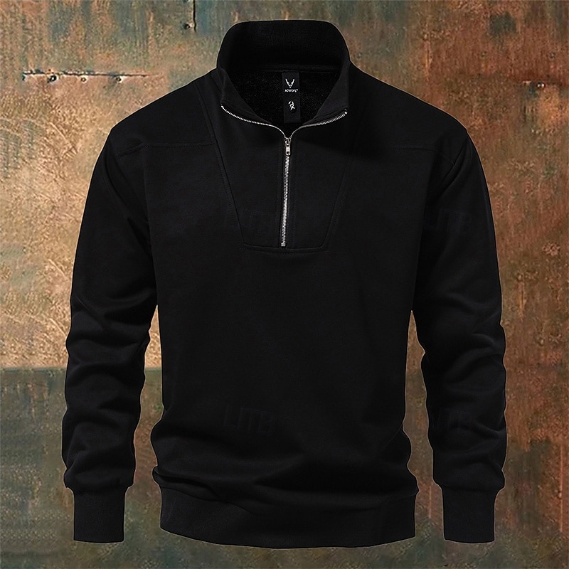 Men's Pullover Black White Standing Collar Half Zip Plain Pocket Work Sports & Outdoor Casual Active Vintage Cool Spring Fall Clothing Apparel Hoodies Sweatshirts2