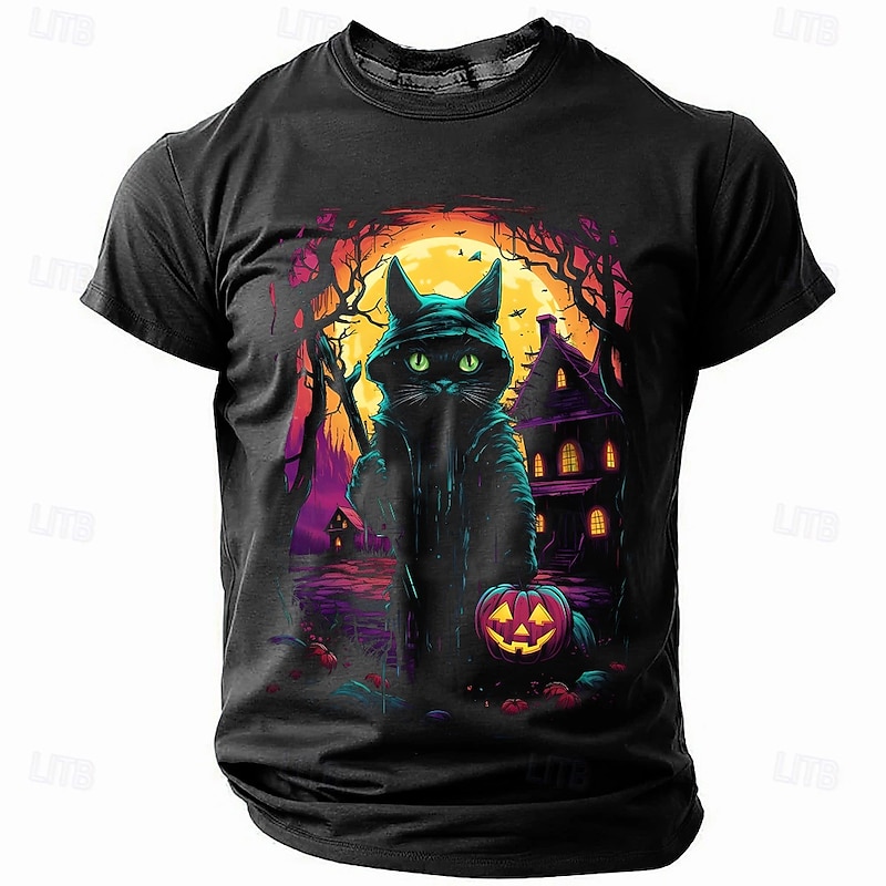 Halloween Men's Pumpkin Catus T Shirt Short Sleeve T shirt 3D Print Crew Neck Shirt Fashion Athleisure Street Sports Outdoor Holiday Black Summer Spring Clothing Apparel S M L XL XXL XXXL