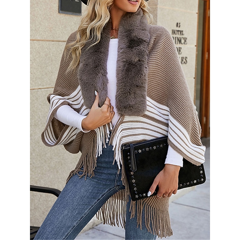 Women's Cloak / Capes Outdoor Street Daily Wear Fall Winter Regular Coat Regular Fit Thermal Warm Breathable Stylish Casual Jacket Long Sleeve Stripe Tassel Fringe Faux Fur Trim Wine Apricot Coffee