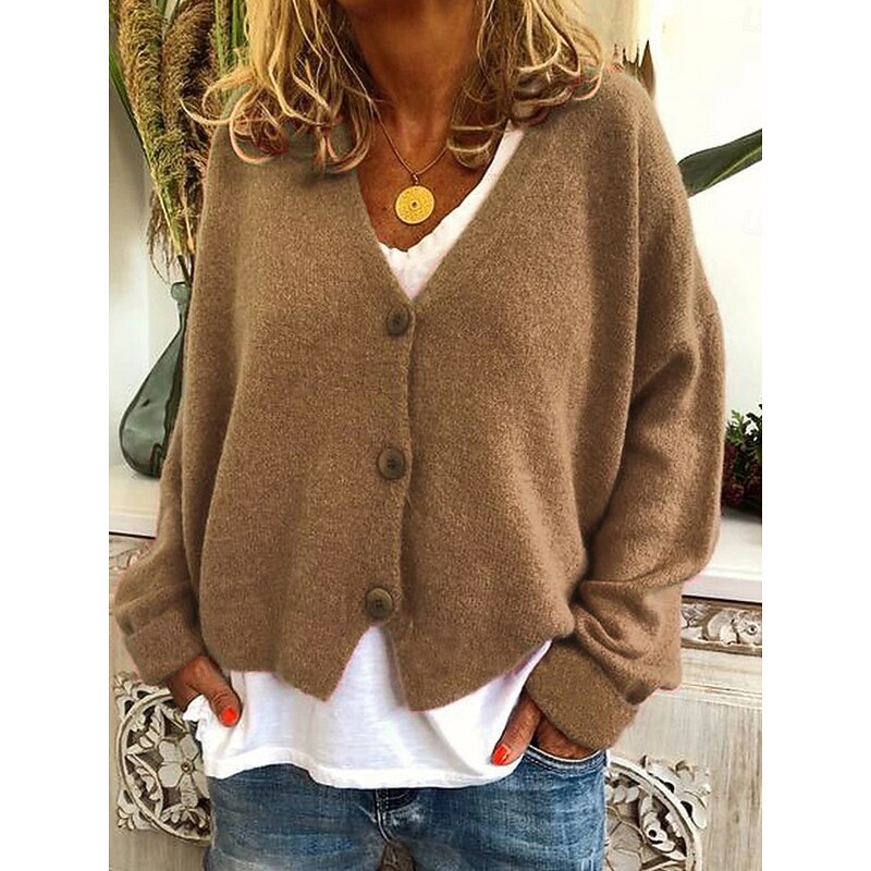 Women's Sweater Cardigan Casual Soft Pure Color Ribbed V Neck Buttons Knitted Long Sleeve Regular Tops Knit Outdoor Daily Weekend Wine Green Fall Winter2