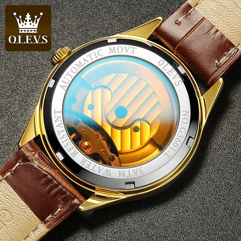 OLEVS Men Mechanical Watch Fashion Casual Wristwatch Automatic Self-winding Moon phase Luminous Waterproof Leather Watch3