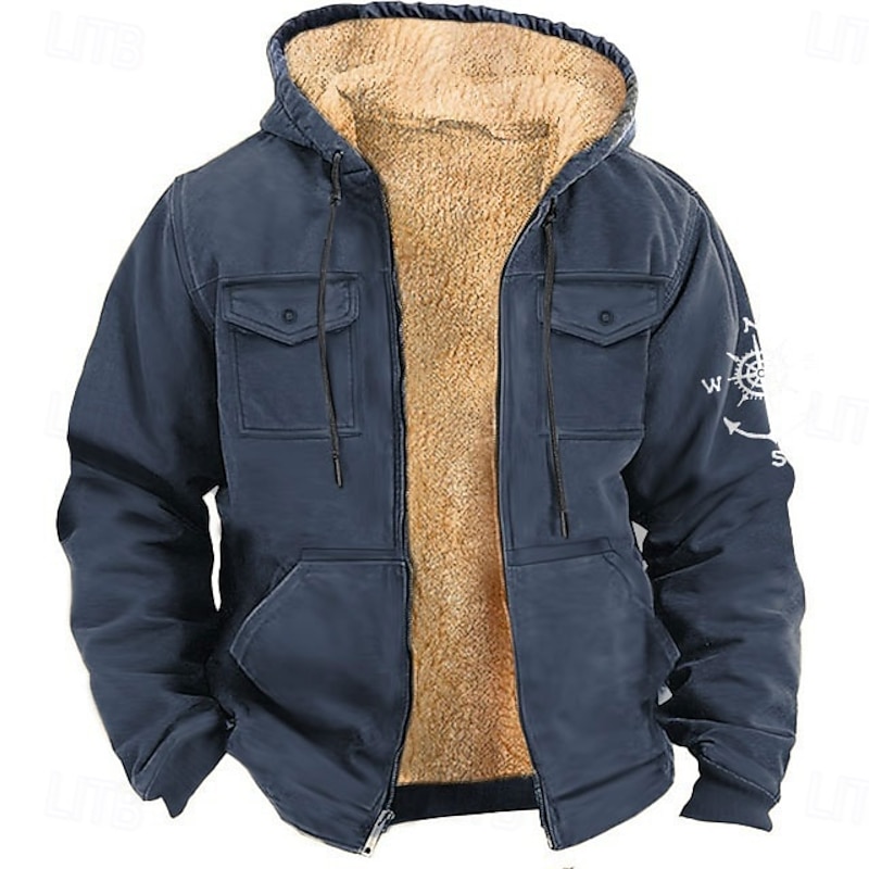 Men's Compass Cowboy Fleece Hoodie Hoodies Fashion Cool Long Sleeve Hooded Holiday Streetwear Black Blue Zipper Pocket Fall Winter Designer