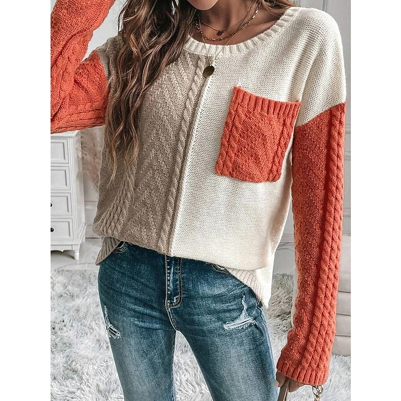 Women's Sweater Pullover Sweater Jumper Casual Soft Pure Color Cable Crew Neck Pocket Knitted Long Sleeve Regular Tops Knit Outdoor Daily Weekend Orange Green Fall Winter3