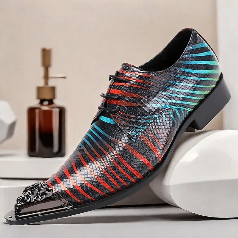 Men's Multicolor Snakeskin Leather Dress Shoes – Pointed Toe Lace-Up Shoes with Metal Tip for Formal and Fashion-Forward Occasions 10