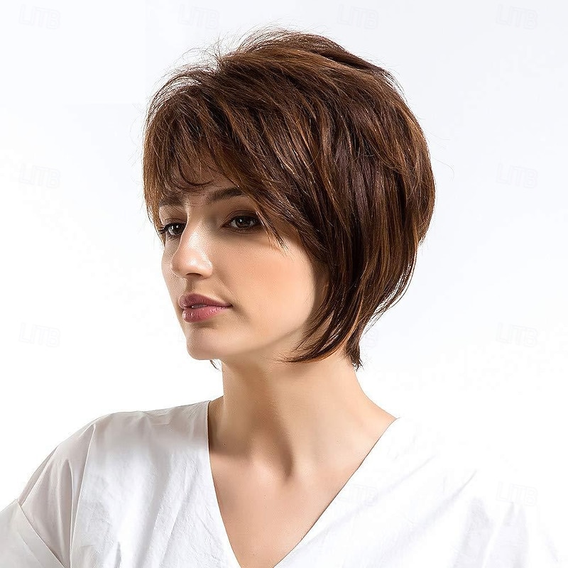 Brown Wigs Synthetic Wig Straight With Bangs Machine Made Wig Short  Synthetic Hair Women's Soft Fashion Easy to Carry